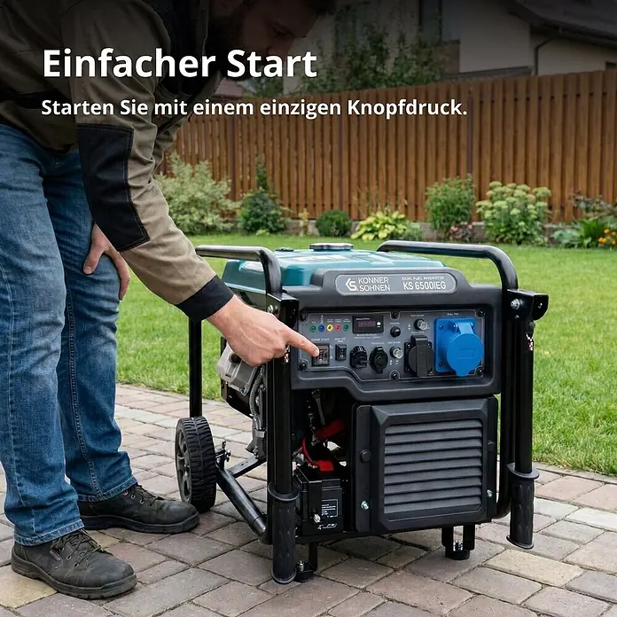 Könner & Söhnen Stromerzeuger KS 6500iEG - Nennleistung: 6 kW, Tankvolumen: 17 l - Mann startet einen schwarz-türkisen Konner & Sohnen KS 6500IEG Dual-Fuel Inverter-Generator im Freien.