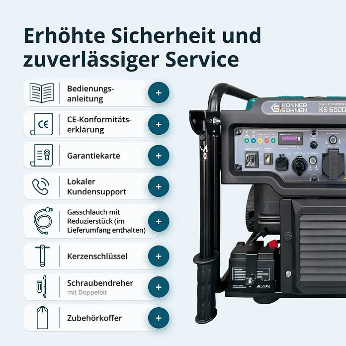 Könner & Söhnen Stromerzeuger KS 6500iEG - Nennleistung: 6 kW, Tankvolumen: 17 l - Dunkelgrauer und grüner Könner & Söhnen KS 6500 Dual-Fuel Inverter Generator mit Bedienfeld und Liste der enthaltenen Zubehörteile und Dienstleistungen.