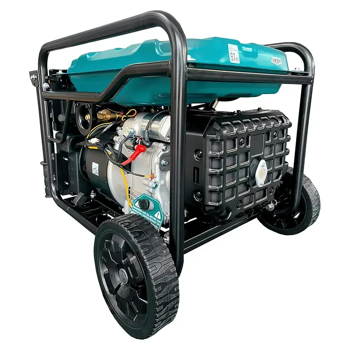 Könner & Söhnen Stromerzeuger KS 6500iEG - Nennleistung: 6 kW, Tankvolumen: 17 l - Tragbarer Generator mit schwarzem Rahmen, tealfarbenem Tank und großen schwarzen Rädern zum einfachen Transport.