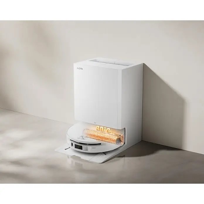 Mova Robot aspirador con mopa S70 Roller - Potencia de aspiración: 28.000 Pa, Capacidad del robot: 150 ml - Robot aspirador blanco con estación de carga. Muestra función de secado/limpieza de mopa a 80°C.