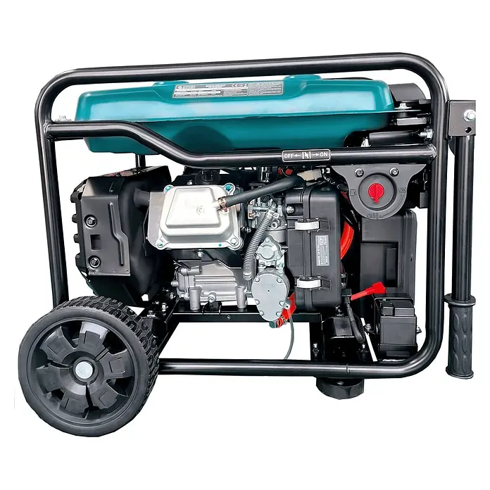 Könner & Söhnen Stromerzeuger KS 6500iEG - Nennleistung: 6 kW, Tankvolumen: 17 l - Tragbarer Inverter-Generator mit türkisfarbenem Tank, schwarzem Rahmen, Rädern und sichtbaren Motorbauteilen.