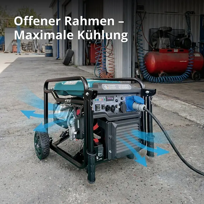 Könner & Söhnen Stromerzeuger KS 6500iEG - Nennleistung: 6 kW, Tankvolumen: 17 l - Portabler Generator mit offenem Rahmen, zeigt Luftstrom für Kühlung an.