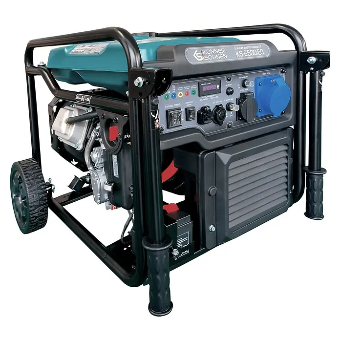 Könner & Söhnen Stromerzeuger KS 6500iEG - Nennleistung: 6 kW, Tankvolumen: 17 l - Könner & Söhnen KS 6500EG Dual-Fuel-Inverter-Generator mit schwarzem Rahmen, türkisfarbenem Tank und Bedienfeld mit Display und Steckdosen.