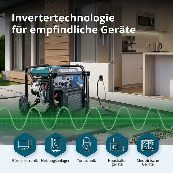 Könner & Söhnen Stromerzeuger KS 6500iEG - Nennleistung: 6 kW, Tankvolumen: 17 l - Schwarzer und türkiser Könner & Söhnen Inverter-Stromerzeuger versorgt ein Haus mit sauberem Strom für empfindliche Elektronik wie Büro- und Medizingeräte.
