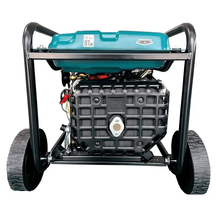 Könner & Söhnen Stromerzeuger KS 6500iEG - Nennleistung: 6 kW, Tankvolumen: 17 l - Tragbarer Generator mit türkisfarbenem Kraftstofftank, schwarzem Motorgehäuse und Rädern auf einem schwarzen Rahmen. Er zeigt eine Schallleistungspegel-Warnung von 97dB.