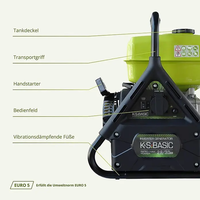 Könner & Söhnen Stromerzeuger KSB 31i - Nennleistung: 2,8 kW, Tankvolumen: 5 l - Schwarz-grüner K&S BASIC Inverter-Generator mit Bedienfeld, Tragegriff und beschrifteten Teilen, 2.8/3.0kW Leistung.