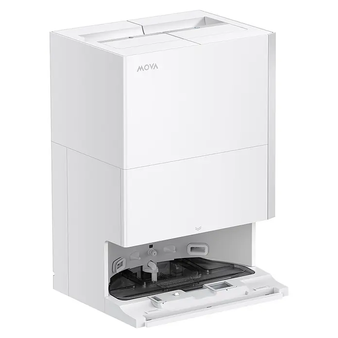 Mova Robot aspirador con mopa S70 Roller - Potencia de aspiración: 28.000 Pa, Capacidad del robot: 150 ml - Estación de limpieza automática MOVA blanca para robots aspiradores, con compartimentos superiores y una base de autolimpieza transparente en la parte inferior.