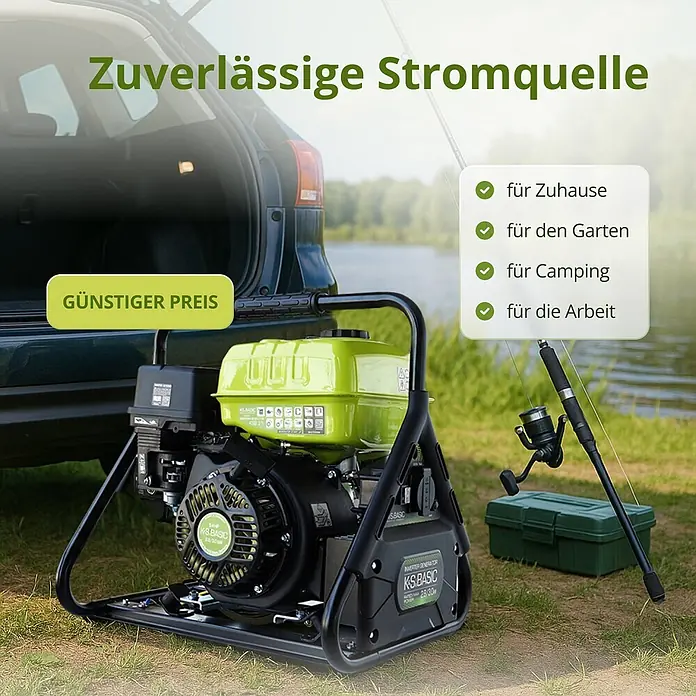 Könner & Söhnen Stromerzeuger KSB 31i - Nennleistung: 2,8 kW, Tankvolumen: 5 l - Grün-schwarzer KS.BASIC Inverter-Generator im Freien neben einem Auto, angelbereit, bereit für Camping oder Gartenarbeit.