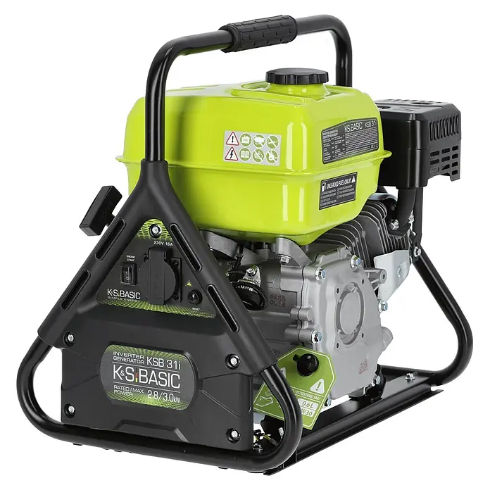 Könner & Söhnen Stromerzeuger KSB 31i - Nennleistung: 2,8 kW, Tankvolumen: 5 l - K&S Basic KSB 31i Inverter-Generator mit leuchtend grünem Tank, schwarzem Rahmen und grauem Motor, mit 230V-Steckdose und Griff.