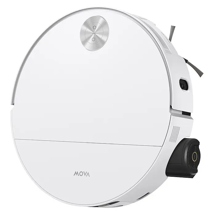 Mova Robot aspirador con mopa S70 Roller - Potencia de aspiración: 28.000 Pa, Capacidad del robot: 150 ml - Robot aspirador redondo blanco con botón metálico cepillado, cepillo lateral y cámara. Marca 'MOVA'.