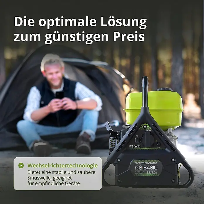 Könner & Söhnen Stromerzeuger KSB 31i - Nennleistung: 2,8 kW, Tankvolumen: 5 l - Ein schwarz-limettengrüner Inverter-Generator für empfindliche Geräte, im Freien beim Camping genutzt.