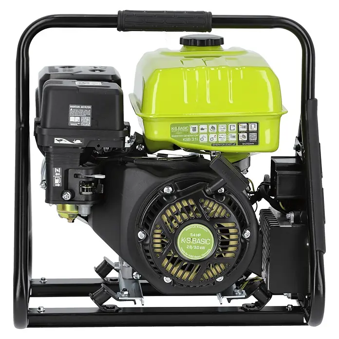 Könner & Söhnen Stromerzeuger KSB 31i - Nennleistung: 2,8 kW, Tankvolumen: 5 l - Schwarzer und grüner tragbarer Inverter-Generator mit auffälligem Kraftstofftank und Motor, umgeben von einem schwarzen Rahmen.
