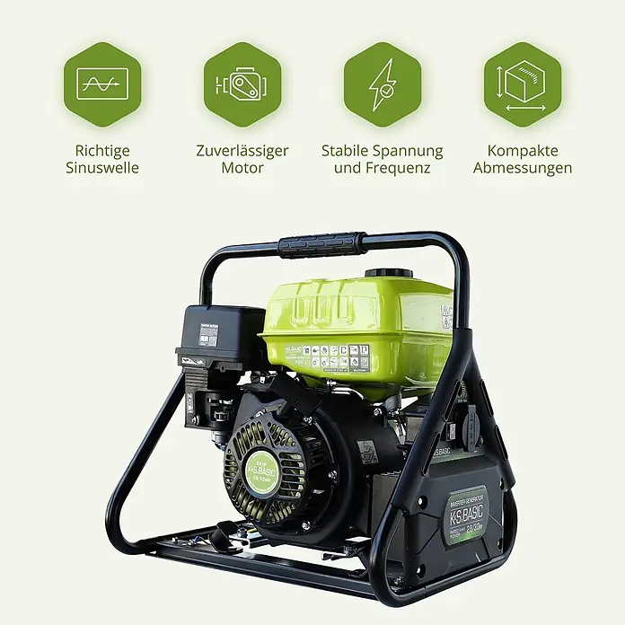 Könner & Söhnen Stromerzeuger KSB 31i - Nennleistung: 2,8 kW, Tankvolumen: 5 l - Grüner und schwarzer KS.BASIC tragbarer Inverter-Stromerzeuger mit stabilem Rahmen und Steckdosen.