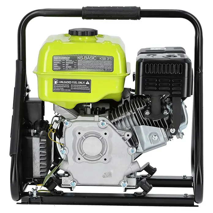 Könner & Söhnen Stromerzeuger KSB 31i - Nennleistung: 2,8 kW, Tankvolumen: 5 l - Tragbarer Generator mit grünem Kraftstofftank, silbernem Motor und schwarzem Schutzrahmen.