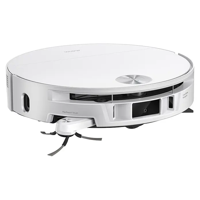 Mova Robot aspirador con mopa S70 Roller - Potencia de aspiración: 28.000 Pa, Capacidad del robot: 150 ml - Robot aspirador blanco de diseño circular, botón superior metálico y cepillo lateral extensible MaxiReach™ para una limpieza completa.