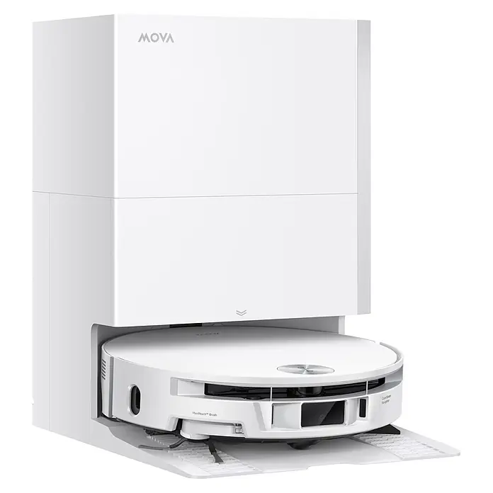 Mova Robot aspirador con mopa S70 Roller - Potencia de aspiración: 28.000 Pa, Capacidad del robot: 150 ml - Robot aspirador blanco acoplado en su estación de carga y vaciado blanca a juego.