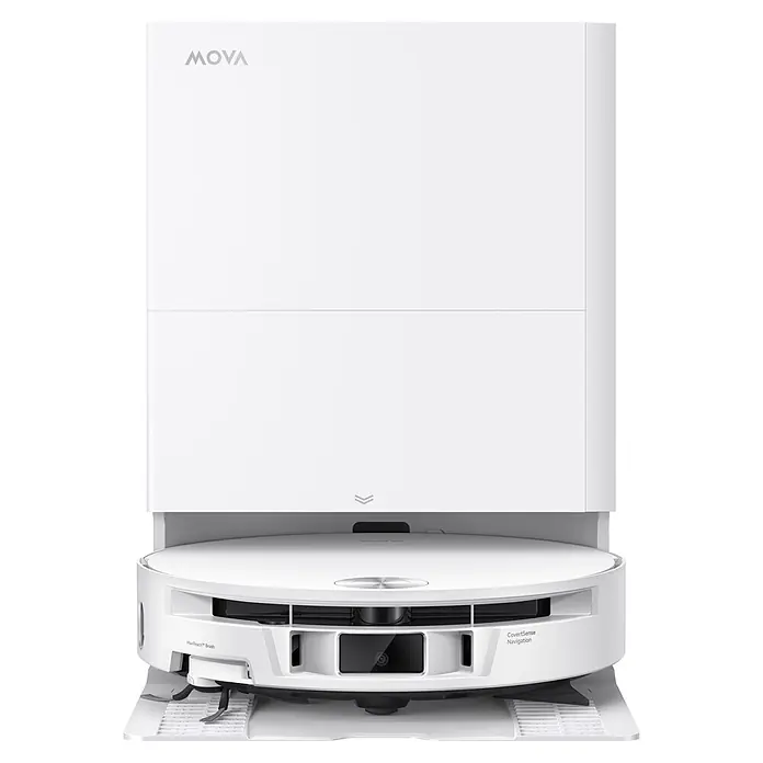 Mova Robot aspirador con mopa S70 Roller - Potencia de aspiración: 28.000 Pa, Capacidad del robot: 150 ml - Robot aspirador blanco con estación de vaciado automático a juego, con sensores frontales y un cepillo lateral.