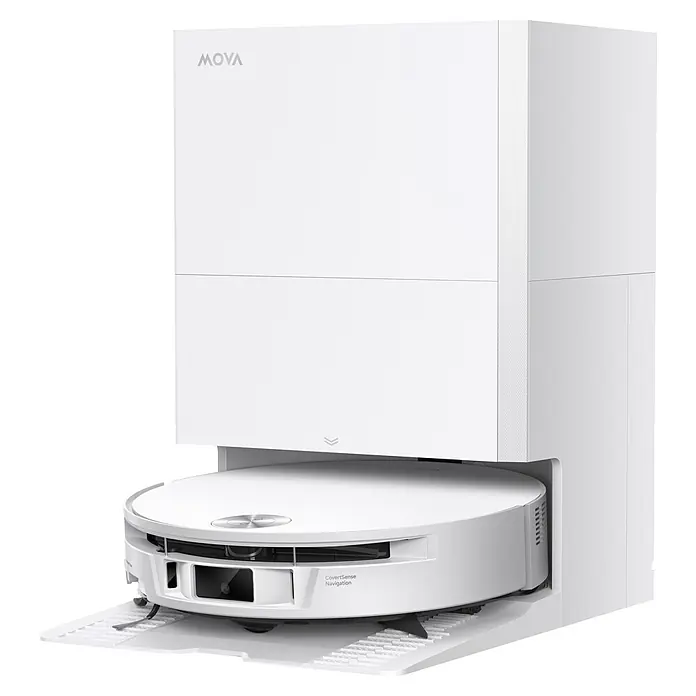 Mova Robot aspirador con mopa S70 Roller - Potencia de aspiración: 28.000 Pa, Capacidad del robot: 150 ml - Robot aspirador blanco acoplado a su estación de vaciado automático blanca a juego.