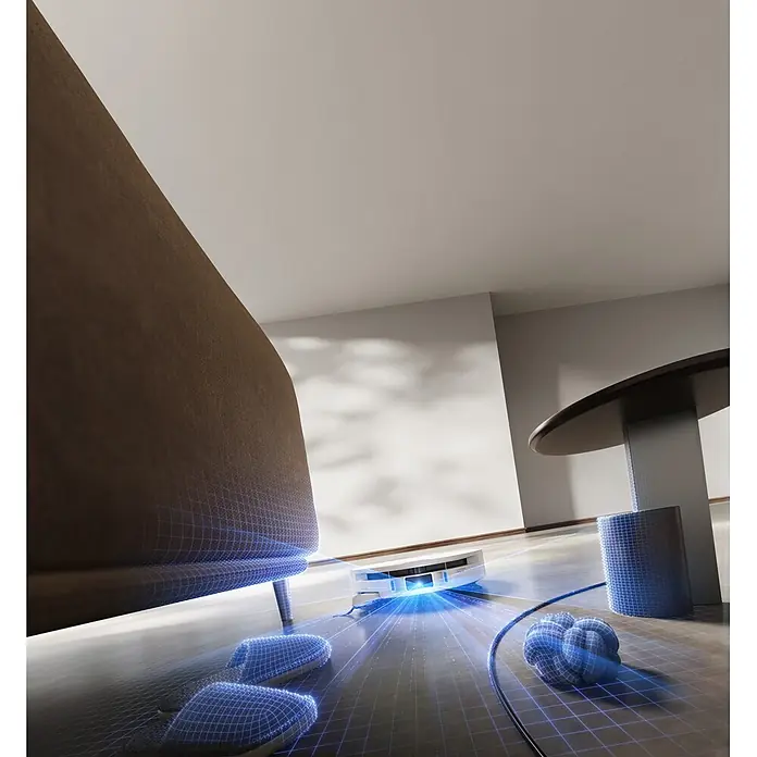 Mova Robot aspirador con mopa S70 Roller - Potencia de aspiración: 28.000 Pa, Capacidad del robot: 150 ml - Robot aspirador blanco mapeando una habitación con láser azul, esquivando zapatillas y un cable.