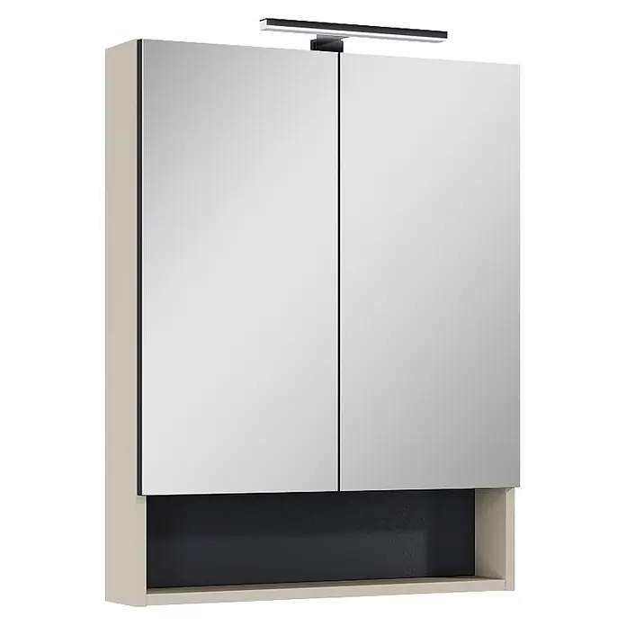 Riva Yasumi LED-Spiegelschrank Yasumi/Lynn - B x H: 60 x 76,8 cm, Fume, Spanplatte - Moderner Spiegelschrank mit zwei Türen, integrierter linearer LED-Beleuchtung und dunklem Ablagefach.