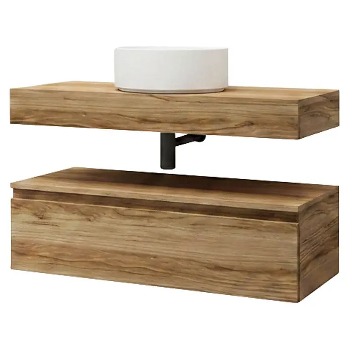 Conjunto de mueble de baño Aidan - Ancho: 100 cm, Teka, 3 pzs. - Mueble de baño de madera suspendido con lavabo sobre encimera blanco y un cajón inferior.