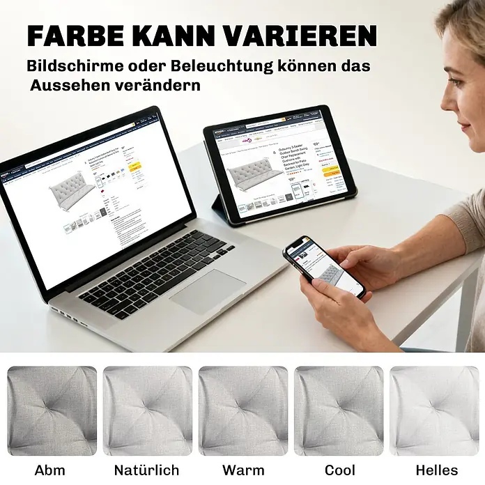 Outsunny Bankauflage - Hollywoodschaukel, 1 Stk., 100% Polyester, Hellgrau - Ein hellgraues, getuftetes Kissen wird auf verschiedenen Bildschirmen und unter unterschiedlicher Beleuchtung gezeigt, um Farbabweichungen zu demonstrieren.