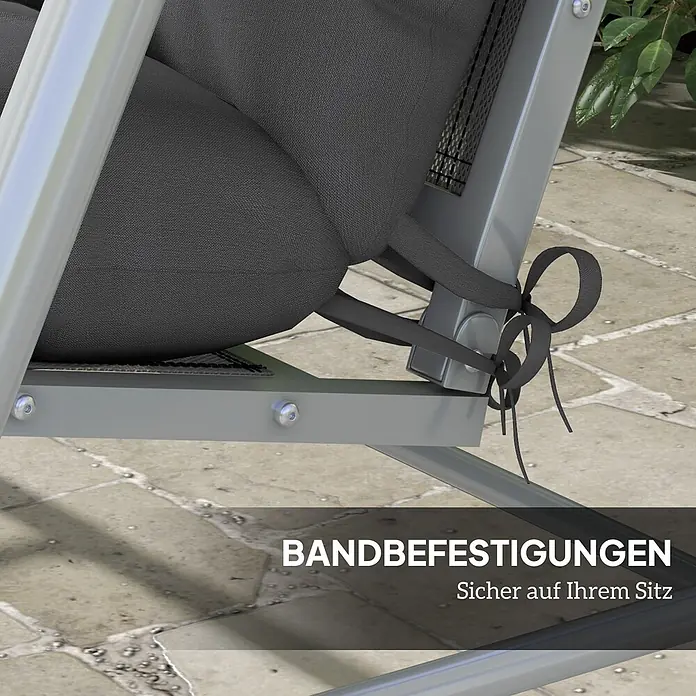 Outsunny Bankauflage - Hollywoodschaukel, 1 Stk., PP-Baumwolle, Polyester, Dunkelgrau - Dunkelgraues Kissen mit schwarzen Bändern an einem hellgrauen Metallrahmen befestigt, um einen sicheren Halt zu gewährleisten.