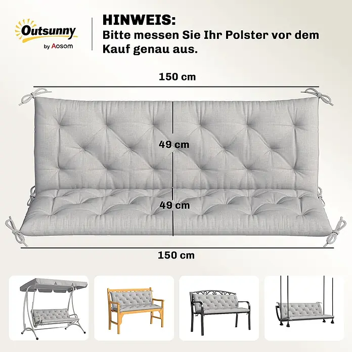 Outsunny Bankauflage - Hollywoodschaukel, 1 Stk., 100% Polyester, Hellgrau - Helles, getuftetes Outdoor-Polster in Grau mit Bindebändern, Maße 150 cm Länge und 49 cm für Sitz- und Rückenbereich.