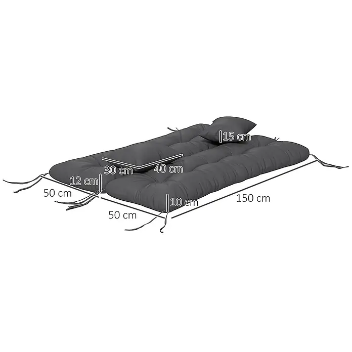 Outsunny Bankauflage - Hollywoodschaukel, 1 Stk., PP-Baumwolle, Polyester, Dunkelgrau - Dunkelgraues, getuftetes Bankkissen mit Bändern und Rückenlehne, 150 cm lang, 50 cm breit, 10-15 cm dick.