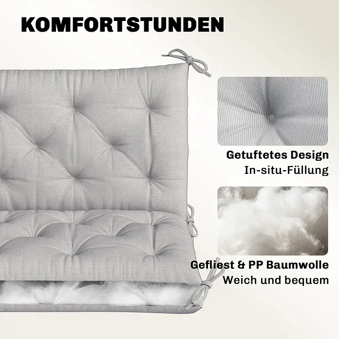 Outsunny Bankauflage - Hollywoodschaukel, 1 Stk., 100% Polyester, Hellgrau - Leichtgraues, getuftetes Sitzkissen mit Bändern, das seine weiche PP-Baumwollfüllung zeigt.