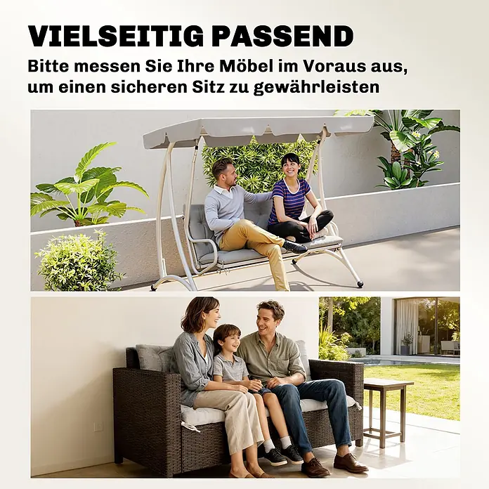 Outsunny Bankauflage - Hollywoodschaukel, 1 Stk., 100% Polyester, Hellgrau - Graue Outdoor-Polster auf Gartenschaukel und Sofa, von Personen genutzt.