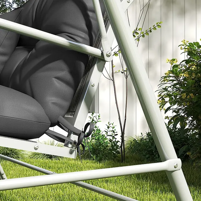 Outsunny Bankauflage - Hollywoodschaukel, 1 Stk., PP-Baumwolle, Polyester, Dunkelgrau - Dunkelgraue gepolsterte Gartenschaukel mit weißem Gestell in einer Außenumgebung.