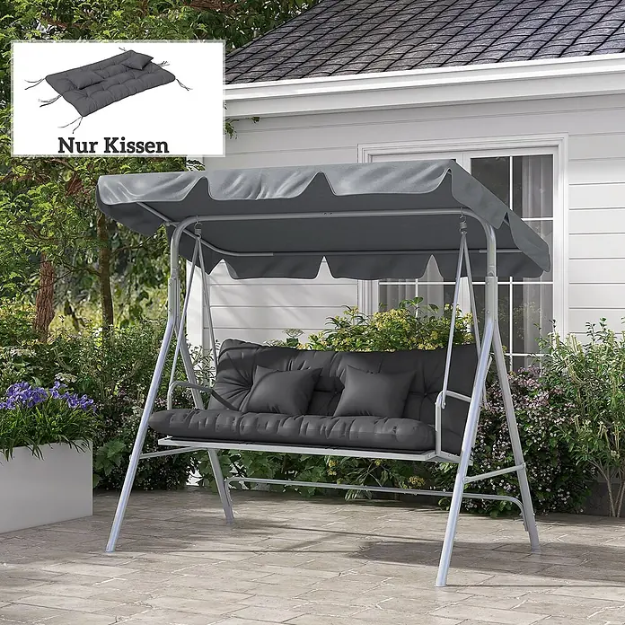 Outsunny Bankauflage - Hollywoodschaukel, 1 Stk., PP-Baumwolle, Polyester, Dunkelgrau - Graue Metall-Gartenschaukel mit grauen Sitzkissen und Dach. Einlegerbild hebt die Kissen hervor.