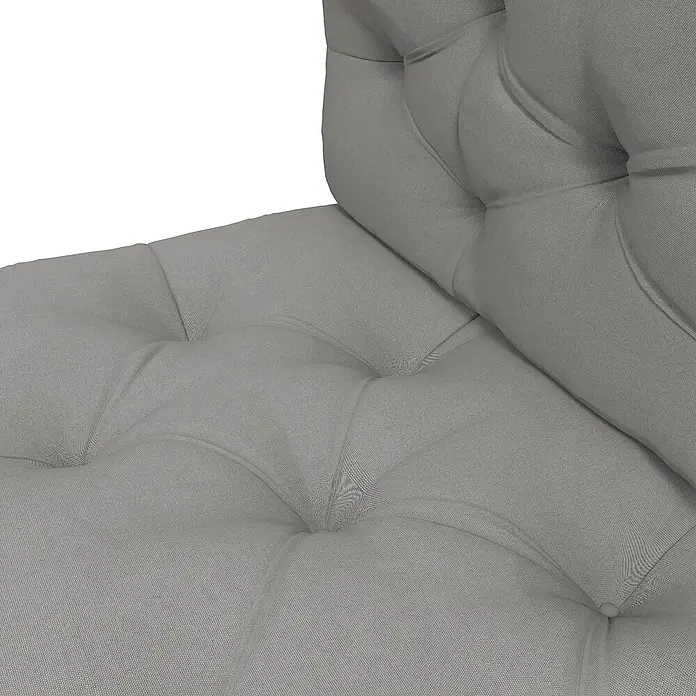 Outsunny Bankauflage Palettensitzpolster - 1 Stk., 100% Polyester, Hellgrau - Nahaufnahme von grauem, getuftetem Stoffbezug, wahrscheinlich von einem Stuhl oder Sofa, mit tiefen Einziehungen und Textur.