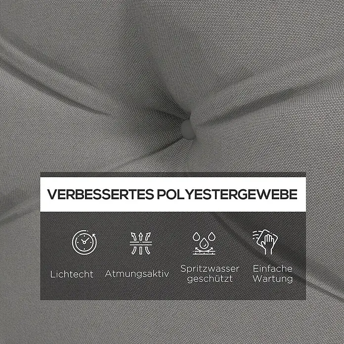 Outsunny Bankauflage Palettensitzpolster - 1 Stk., 100% Polyester, Hellgrau - Nahaufnahme eines grauen, gesteppten Polyesterkissens, das seine lichtechten, atmungsaktiven, spritzwassergeschützten und pflegeleichten Eigenschaften hervorhebt.