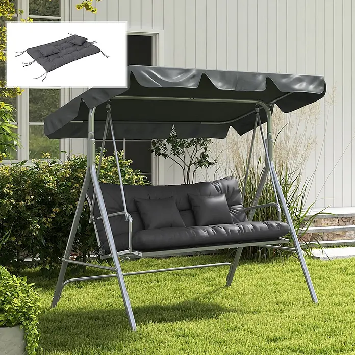 Outsunny Bankauflage - Hollywoodschaukel, 1 Stk., PP-Baumwolle, Polyester, Dunkelgrau - Dunkelgraue Metall-Gartenschaukel mit Dach und bequemen Kissen, draußen zur Entspannung aufgestellt.