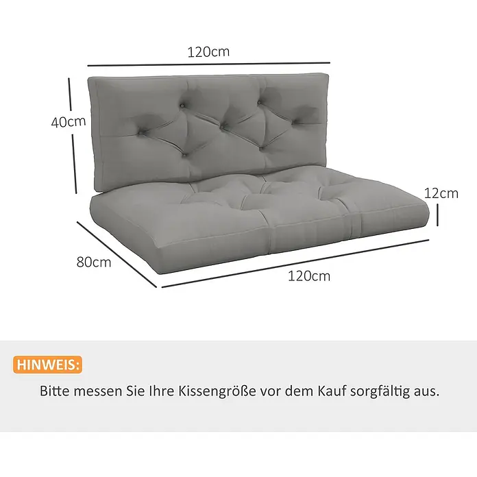 Outsunny Bankauflage Palettensitzpolster - 1 Stk., 100% Polyester, Hellgrau - Zwei graue, gesteppte Kissen für Palettenmöbel mit Maßen: Rücken 120x40cm, Sitz 120x80x12cm. Hinweis: Kissengröße vor Kauf sorgfältig messen.