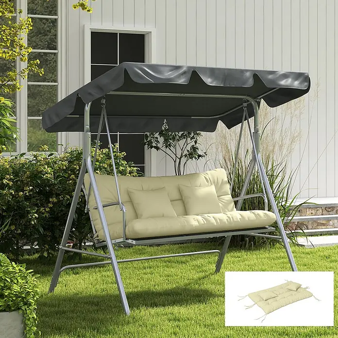 Outsunny Bankauflage Hollywoodschaukel - Hollywoodschaukel, 1 Stk., Polyester, Cremeweiß - Gartenschaukel mit silbernem Gestell, dunkelgrauem Dach und beigen Polstern für entspannte Stunden im Freien.