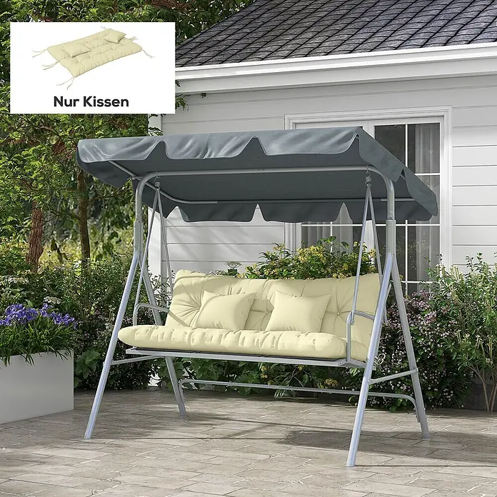 Outsunny Bankauflage Hollywoodschaukel - Hollywoodschaukel, 1 Stk., Polyester, Cremeweiß - Metall-Gartenschaukel mit grauem Dach und cremefarbenen Kissen für draußen.