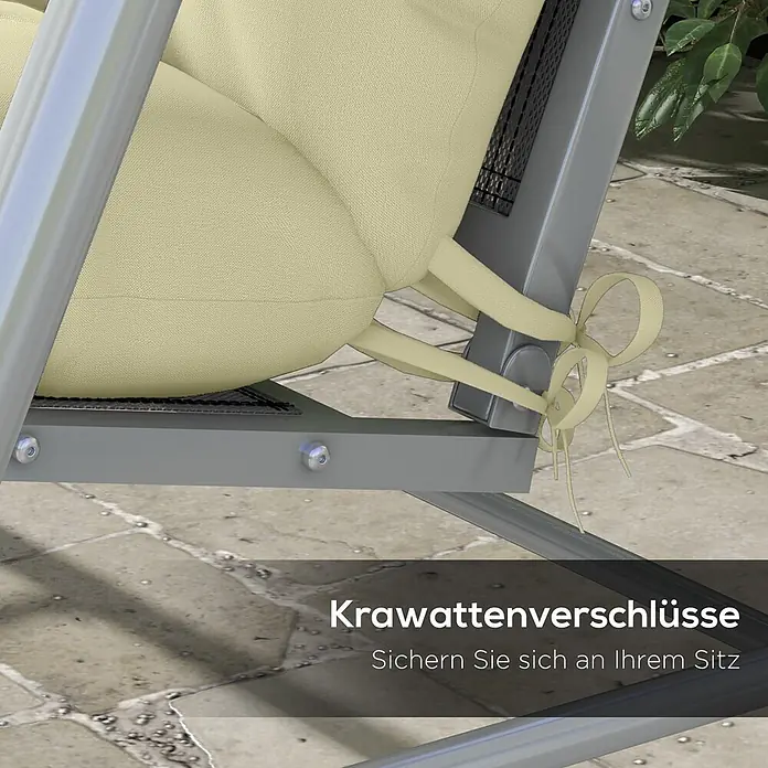 Outsunny Bankauflage Hollywoodschaukel - Hollywoodschaukel, 1 Stk., Polyester, Cremeweiß - Beiges Kissen sicher mit Stoffbändern an einem grauen Gartenstuhlrahmen befestigt.