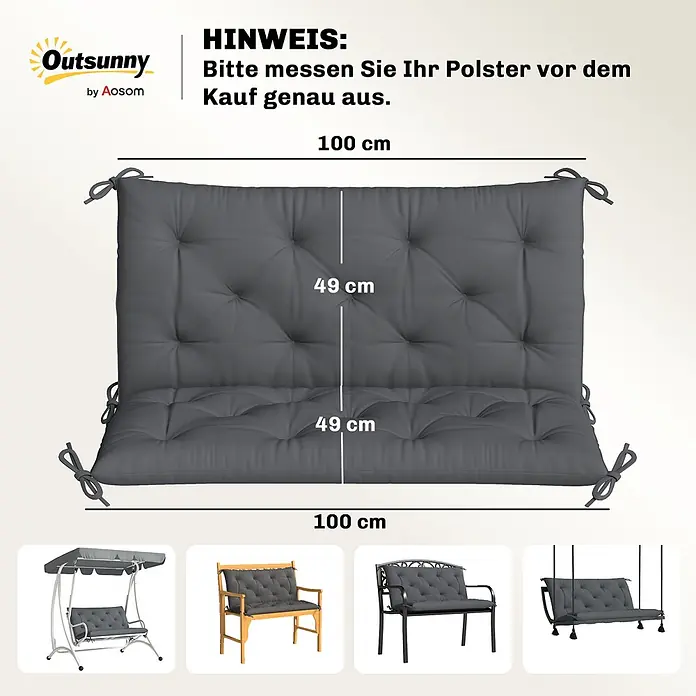 Outsunny Bankauflage - Hollywoodschaukel, 1 Stk., Polyester, Schaumstoff, Dunkelgrau - Dunkelgraues gestepptes Kissen mit Bändern, 100x98 cm, passend für Gartenbänke und Schaukeln.