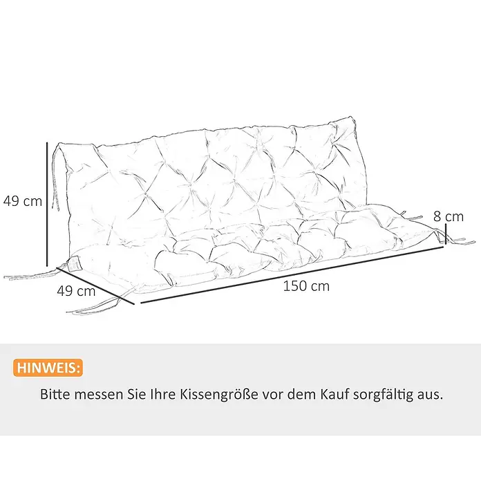Outsunny Bankauflage - Gartenbank, 1 Stk., L x B x H: 150 x 98 x 8 cm, 100% Polyester, Khaki - Skizze eines gesteppten Kissens. Maße: 150cm Länge, 49cm Rückenhöhe, 49cm Sitztiefe, 8cm Dicke.