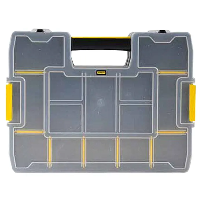 Stanley Estuche para piezas pequeñas Sortmaster Junior - L x An x Al: 29,2 x 37,5 x 6,7 cm - Caja organizadora transparente Stanley con detalles amarillos y asa negra para herramientas y piezas pequeñas.