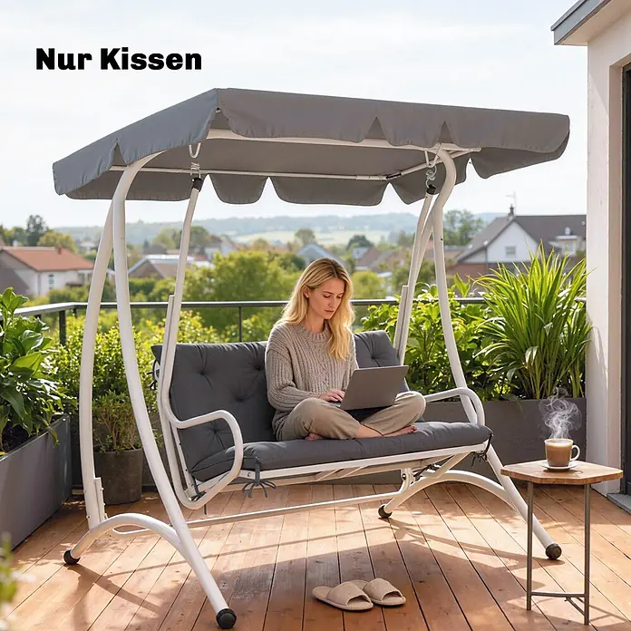 Outsunny Bankauflage - Hollywoodschaukel, 1 Stk., Polyester, Schaumstoff, Dunkelgrau - Graue Polsterauflagen mit Bindebändern für eine Gartenschaukel, in Gebrauch gezeigt.
