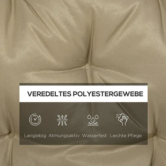 Outsunny Bankauflage - Gartenbank, 1 Stk., L x B x H: 150 x 98 x 8 cm, 100% Polyester, Khaki - Nahaufnahme eines beigen, gepolsterten Polyestergewebes, das Langlebigkeit, Atmungsaktivität, Wasserfestigkeit und leichte Pflege betont.