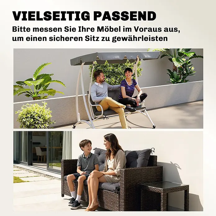 Outsunny Bankauflage - Hollywoodschaukel, 1 Stk., Polyester, Schaumstoff, Dunkelgrau - Lächelnde Personen entspannen auf verschiedenen Gartenmöbeln: einer Schaukelbank und einem Rattan-Sofa mit dunklen Kissen im Garten.