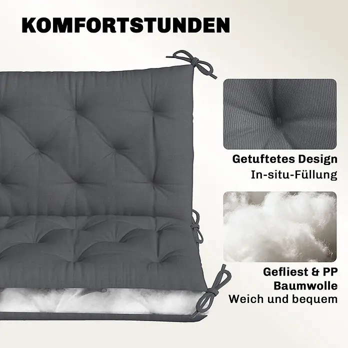 Outsunny Bankauflage - Hollywoodschaukel, 1 Stk., Polyester, Schaumstoff, Dunkelgrau - Dunkelgraues getuftetes Bankkissen mit Bändern, zeigt Oberflächentextur und weiche Vlies- & PP-Baumwollfüllung.