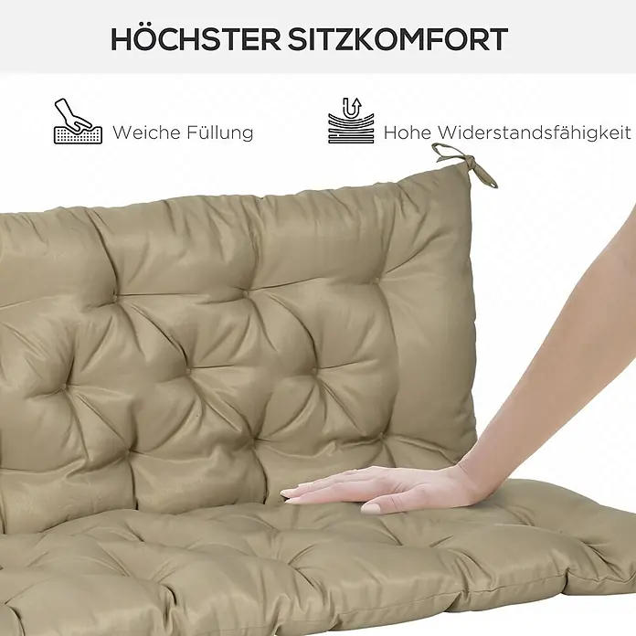 Outsunny Bankauflage - Gartenbank, 1 Stk., L x B x H: 150 x 98 x 8 cm, 100% Polyester, Khaki - Beige getuftetes Sitzkissen mit einer Hand, die seine weiche Füllung und hohe Widerstandsfähigkeit demonstriert.