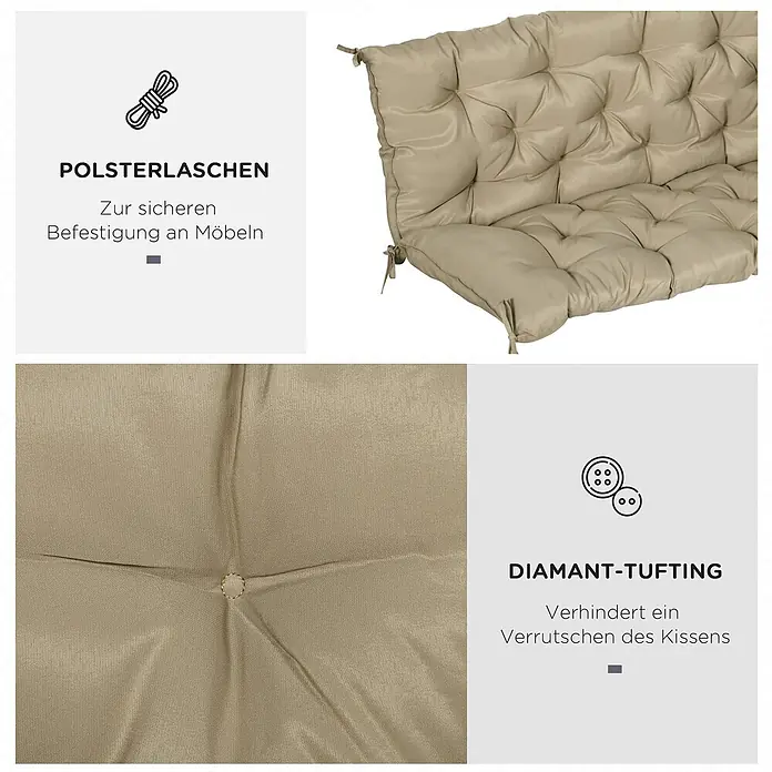 Outsunny Bankauflage - Gartenbank, 1 Stk., L x B x H: 150 x 98 x 8 cm, 100% Polyester, Khaki - Beiges Outdoor-Kissen mit Knopfheftung und Befestigungslaschen zur Fixierung und gegen Verrutschen.