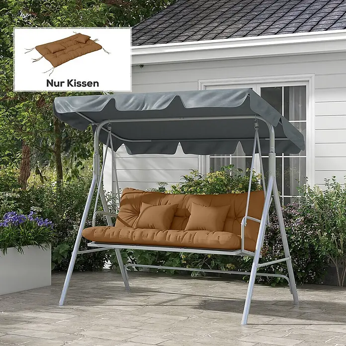 Outsunny Bankauflage Hollywoodschaukel - Hollywoodschaukel, 1 Stk., 100% Polyester, Braun - Gartenschaukel mit silbernem Gestell, grauem Dach und braunen Kissen auf einer Terrasse.